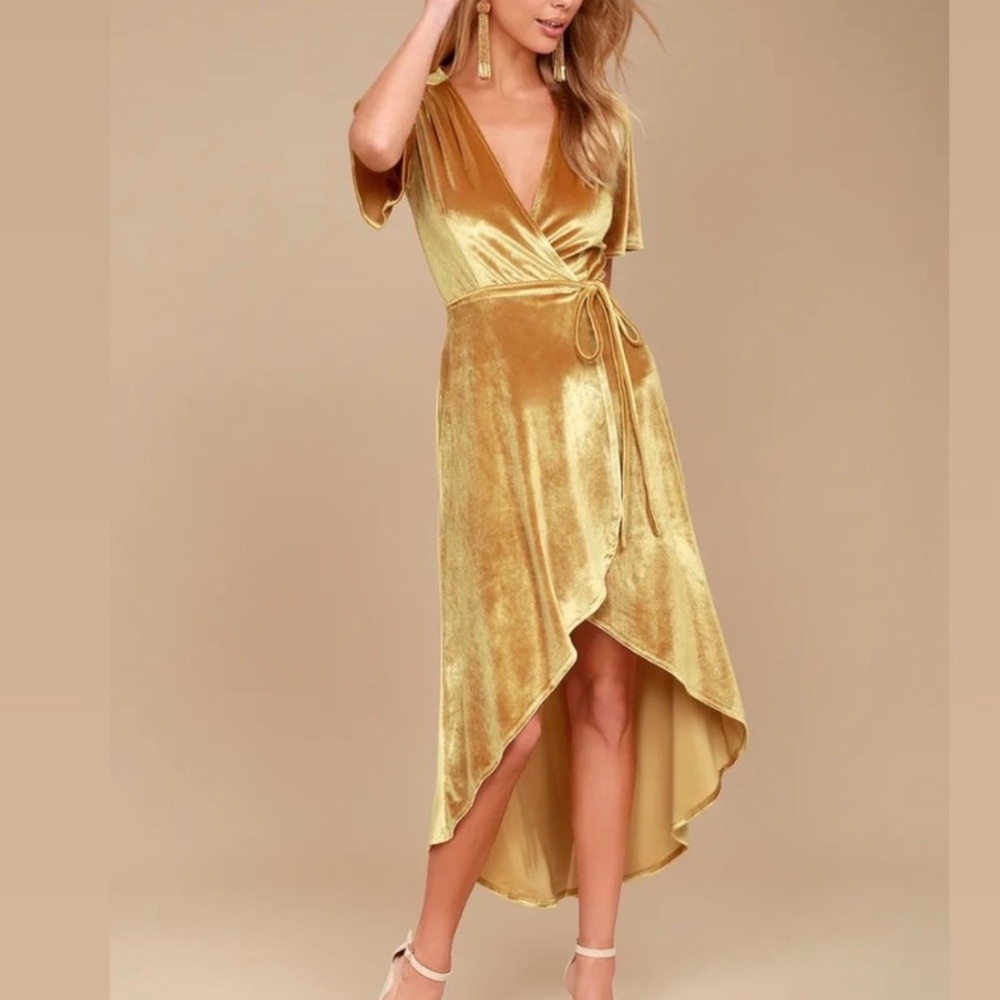 Lulu's Golden Velvet High-Low Wrap Dress